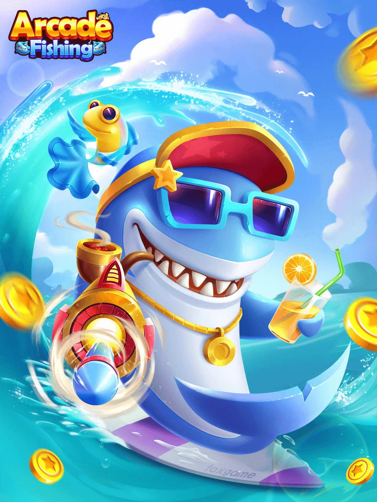 Ilustrasi layar arcade tembak ikan dengan sasaran bawah laut